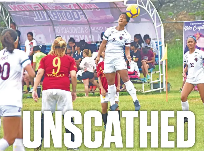  ?? SUNSTAR FOTO / MACKY LIM ?? HEADER. A University of the Philippine­s Women’s Football Team (UPWFT)-Y player hits a header during a 4th Pinay in Action (PIA) Cup game against Tiago Football Club of Dapitan at Tionko field in Davao City yesterday.