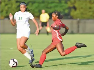  ?? STAFF PHOTO BY ROBIN RUDD ?? Baylor’s Aliya Cooper takes a shot past East Hamilton’s Alaina Fortune (11) in the Lady Red Raiders’ season-opening 5-1 home victory Monday night at Baylor.