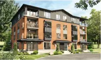  ??  ?? Four-storey condo buildings in the Rosenbloom project feature all corner units. The first is 90 per cent sold; the second, still under constructi­on, is 40 per cent sold and scheduled for completion in July.