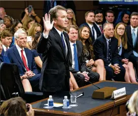  ?? DOUG MILLS / THE NEW YORK TIMES ?? Judge Brett Kavanaugh, nominee for the U.S. Supreme Court, is sworn in Sept. 4 at his confirmati­on hearing in Washington.