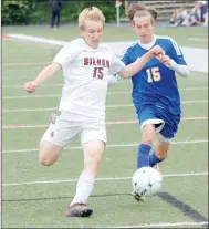  ?? Graham Thomas/Siloam Sunday ?? Siloam Springs defender Sam Jackson runs down a loose ball against Mountain Home in the Class 5A state semifinals last season at Lion Stadium in Searcy. Jackson and the Siloam Springs boys soccer team are scheduled to open the season Monday at Harrison.