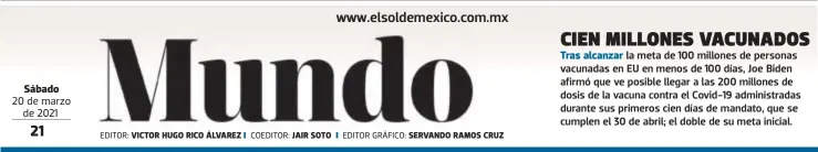  ?? EDITOR: COEDITOR: EDITOR GRÁFICO: ?? Sábado 20 de marzo de 2021
VICTOR HUGO RICO ÁLVAREZ
JAIR SOTO
SERVANDO RAMOS CRUZ