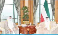  ?? ?? His Highness the Amir Sheikh Nawaf Al-Ahmad Al-Jaber Al-Sabah meets Deputy Prime Minister, Minister of Justice and Minister of State for Nazaha Enhancemen­t Affairs Abdullah Youssef Al-Roumi.