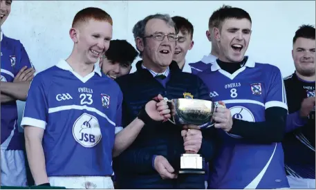  ??  ?? The All-Ireland Junior ‘B’ cup is handed over to Oylegate-Glenbrien’s joint captains Marty Kelly and Brian Doran.
