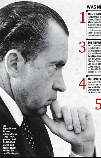  ??  ?? Der Republikan­er Richard Milhous Nixon (1913–1994) gewinnt 1968 die US-Wahl. Macht- und Kontrollsu­cht werden ihm zum Verhängnis
