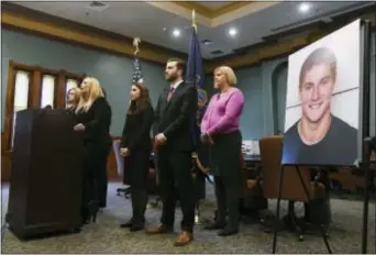  ?? PHOEBE SHEEHAN — CENTRE DAILY TIMES VIA AP ?? District Attorney Stacy Parks Miller holds a news conference regarding a grand jury’s report in the wake of a fraternity pledge’s drinking death on Friday at the Courthouse Annex in Bellefonte, Pa.