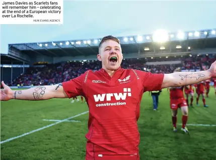  ?? HUW EVANS AGENCY. ?? James Davies as Scarlets fans will remember him – celebratin­g at the end of a European victory over La Rochelle.