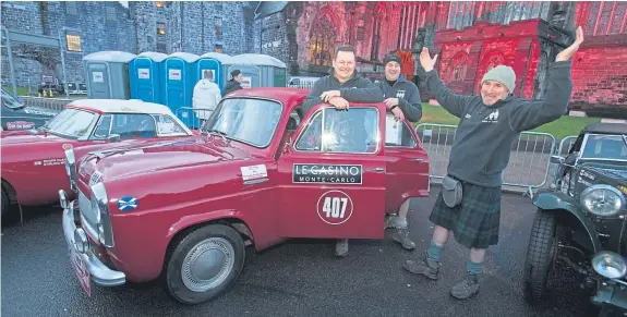  ??  ?? Carnoustie pals Alan Falconer, David Tindal and Stephen Woods enjoyed a memorable debut with a troublefre­e run to Monte Carlo in their 1956 Ford Prefect.