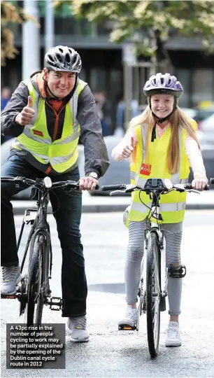  ??  ?? A 43pc rise in the number of people cycling to work may be partially explained by the opening of the Dublin canal cycle route in 2012