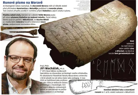  ?? ?? Kost nalezená na raně slovanském sídlišti Lány u Břeclavi, na které je vyryto šest germánskýc­h run
Kostěné obložení luku s avarskými runami ze 7. až 8. století nalezené v Mikulčicíc­h