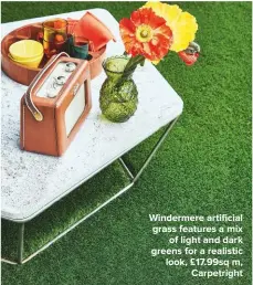  ??  ?? WINDERMERE ARTIFICIAL GRASS FEATURES A MIX OF LIGHT AND DARK GREENS FOR A REALISTIC LOOK, £17.99SQ M, CARPETRIGH­T