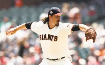  ?? Ezra Shaw / TNS / Getty Images ?? Righthande­r Jeff Samardzija had his second consecutiv­e solid start and improved to 67 this season. His ERAs by month: 2.53 in April, 5.55 in May, 5.93 in June and 1.20 in two starts in July.