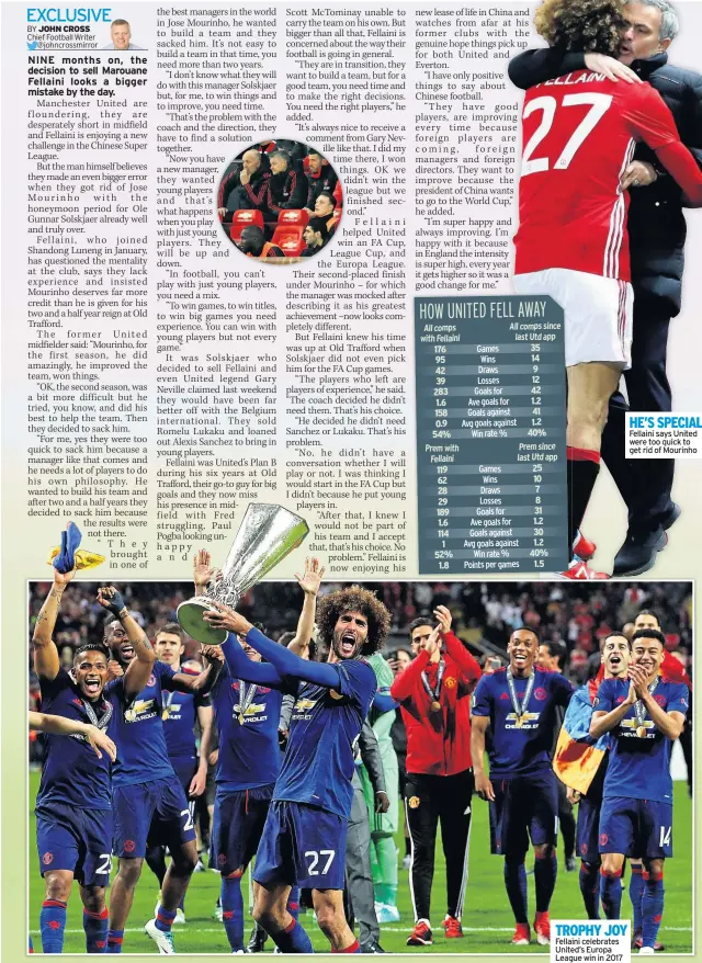  ??  ?? TROPHY JOY Fellaini celebrates United’s Europa League win in 2017 HE’S SPECIAL Fellaini says United were too quick to get rid of Mourinho