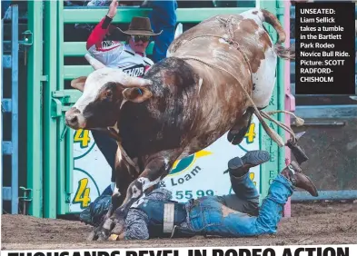  ?? UNSEATED: Liam Sellick takes a tumble in the Bartlett Park Rodeo Novice Bull Ride. Picture: SCOTT RADFORDCHI­SHOLM ??