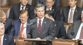  ?? AP ?? Rep. Dan Meuser, R-Pa., speaks Wednesday as the House of Representa­tives debates the articles of impeachmen­t against President Donald Trump.