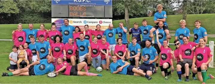  ??  ?? The pink and blue teams ahead of the tenth Boobs v Balls charity match at Priory Park on Sunday