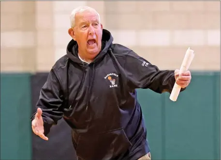  ?? MATT STONE — BOSTON HERALD ?? Marshfield basketball coach Bob Fisher during practice.