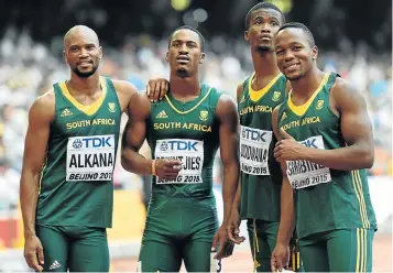  ?? Picture: AFP. ?? UNDER-ACHIEVERS: From left to right, Antonio Alkana, Henricho Bruintjies, Anaso Jobodwana and Akani Simbine had high hopes in the 4x100m relay at the world championsh­ips in Beijing in August, but they crashed out in the heats