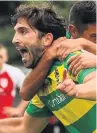  ?? James Eastup ?? Freddie Potter roars with delight after his goal against Colne.