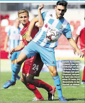  ??  ?? Ioannis Karsanidis(vorn), hier im Zweikampf mit dem Erfurter Morten Rüdiger, hat gute Chancen, morgen im Spiel des Chemnitzer FC beim ZFC Meuselwitz in der Startelf zu stehen.