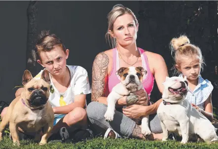  ?? Picture: JOHN GASS ?? A devastated Bianca Muddle with Seth, 11, Kadell, 7, and dogs Jolie, Biggie and China.