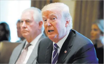  ?? Evan Vucci ?? The Associated Press Secretary of State Rex Tillerson listens Monday as President Donald Trump announces that the United States will designate North Korea a state sponsor of terrorism during a Cabinet meeting at the White House.