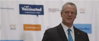  ?? POOL ?? STILL ON TRACK: Gov. Charlie Baker speaks during a coronaviru­s vaccine update at the Hynes Convention Center on Wednesday.