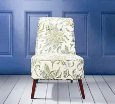  ??  ?? This Albry Accent Chair, which traces its roots from the 18th century Slipper chair, has solid mahogany wood frame and legs, with upholstery made of Uratex foam and arabesque printed fabric.