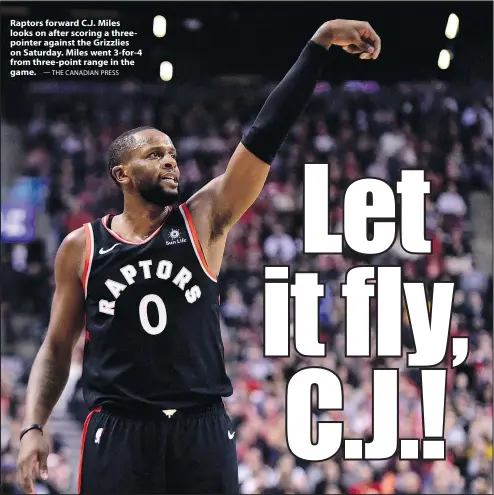  ??  ?? Raptors forward C.J. Miles looks on after scoring a threepoint­er against the Grizzlies on Saturday. Miles went 3-for-4 from three-point range in the game. — THE CANADIAN PRESS