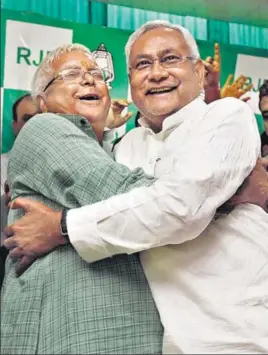  ?? HT FILE ?? Lalu Prasad and Nitish Kumar celebrate after Grand Alliance won the Bihar state polls in 2015.