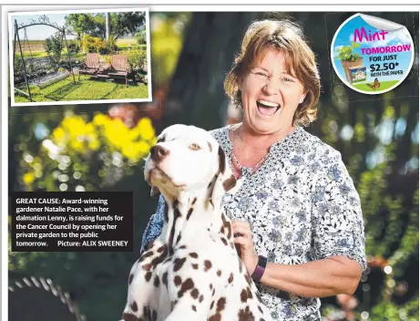  ?? GREAT CAUSE: Award- winning gardener Natalie Pace, with her dalmation Lenny, is raising funds for the Cancer Council by opening her private garden to the public tomorrow. Picture: ALIX SWEENEY ??