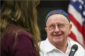  ?? Andrew Rush/Post-Gazette ?? Holocaust survivor Judah Samet speaks to students at Quigley Catholic High School on Thursday in Baden. Mr. Samet was a guest of the White House for President Donald Trump’s State of the Union address Tuesday.