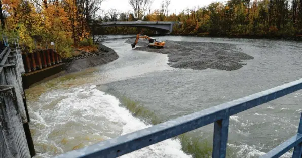  ?? Foto: Silvio Wyszengrad ?? Ein Bagger musste diese Woche geschätzt 1000 Kubikmeter Kies vor dem Wasserkraf­twerk an der Hochzoller Lechbrücke wegschaufe­ln. Bei solchen Aktionen kommt es nach Angaben des Lechfische­reivereins immer wieder zu großen Fischsterb­en, denn nicht alle Fische können gerettet werden.