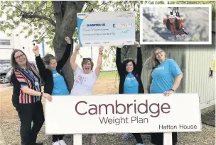  ??  ?? Julia Tait, third from left, with Cambridge Weight Plan colleagues hands over a cheque to Diabetes UK and, inset, Julia in high speed action