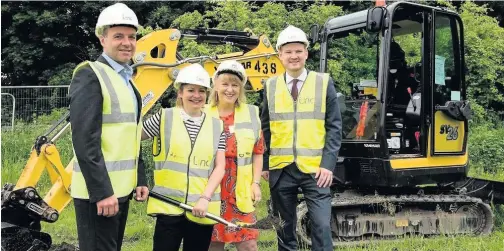  ??  ?? CEO of Linc Scott Sanders, developmen­t director at Linc Louise Atwood, General Manager at F1 Modular Karen Jones and RCT Council cabinet member Councillor Rhys Lewis at the ground breaking event for a care apartment scheme in Aberaman