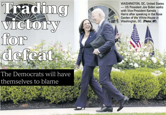  ?? (Photo: AP) ?? Bruce Golding is a former prime minister of Jamaica.
WASHINGTON, DC, United States — US President Joe Biden walks with Vice-president Kamala
Harris after speaking in the Rose Garden of the White House in Washington, DC.