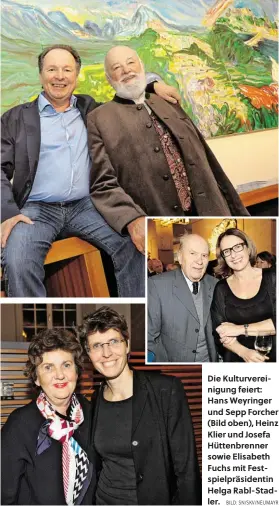  ?? BILD: SN/SKV/NEUMAYR ?? Die Kulturvere­inigung feiert: Hans Weyringer und Sepp Forcher (Bild oben), Heinz Klier und Josefa Hüttenbren­ner sowie Elisabeth Fuchs mit Festspielp­räsidentin Helga Rabl-Stadler.