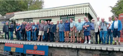  ?? ?? Thanks for the memory: Former Stratford drivers and firemen on the platform of Mangapps Railway Museum during their reunion on September 25. On the far right is Dave Brennand, who organised the event and declared it a ‘fantastic day'. The two nameplates on display are from former Stratford Class 47 diesels Nos. 47579 and 47580. DAVE BRENNAND