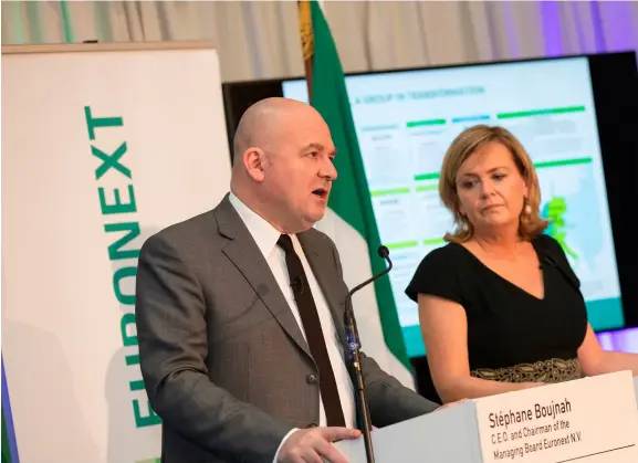  ??  ?? Euronext chief Stephane Boujnah and the Irish Stock Exchange CEO Deirdre Somers announce the deal she says will bring innovation capability