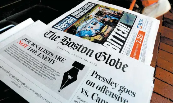  ?? BRIAN SNYDER/REUTERS ?? El rotativo The Boston Globe señaló en su editorial de ayer que “los periodista­s no son el enemigo”.