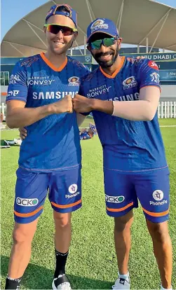  ?? — Twitter ?? Mumbai Indians’ Trent Boult (left) and Jasprit Bumrah at a practice session in Dubai on Saturday, eve of their IPL match against Chennai Super Kings.