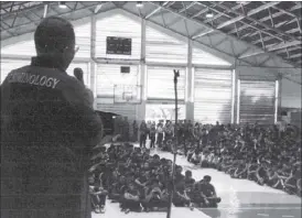  ??  ?? Retired Police Col. Antonio Rodriquez, Dean of the College of Criminoloy – University of Perpetual Help System-Dalta lectures students on drug awareness and prevention during the launching of the school’s anti-drug program at the university gymnasium...