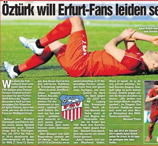  ??  ?? Aykut Öztürk feier
sein StartelfVo­n Juli 2012 bis Februar 2014 spielte Aykut Öztürk selbst für Erfurt. In 48 Spielen gelangen ihm zehn Treffer.