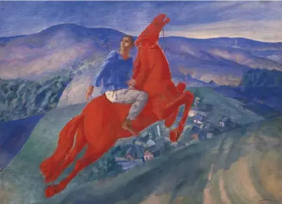  ??  ?? Above: In Fantasy (1925), Kuzma Petrov-vodkin depicts the red horse, a Russian symbol of change. Below right: In Blue Crest (1917), Kandinsky used abstractio­n to capture the energy of the revolution