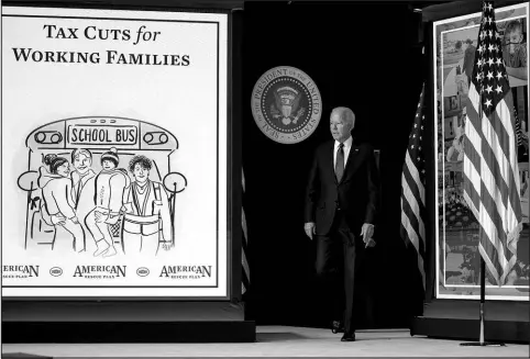  ?? EVAN VUCCI / ASSOCIATED PRESS FILE (2021) ?? President Joe Biden arrives July 15, 2021, to speak at a White House event marking the start of monthly child tax credit relief payments. Biden and Democratic lawmakers have been fighting to make permanent a tax credit that would give families at least $300 a month per child.