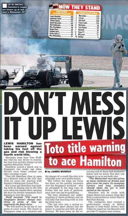  ??  ?? UP IN SMOKE: Hamilton’s hopes are blown up at last year’s Malaysian GP