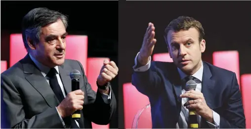  ??  ?? Joute verbale. François Fillon et Emmanuel Macron lors d’un débat organisé par le Medef, le 28 mars.
