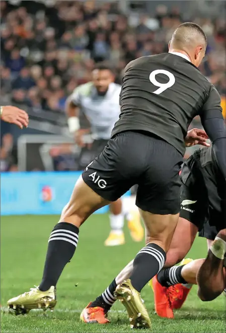  ??  ?? Flying Fijians forward Albert Tuisue scores the team’s first try against the All Blacks in Dunedin, last Saturday. Photo: Otago Daily Times