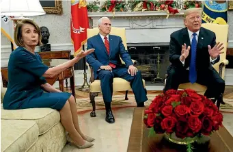  ?? AP ?? US Vice-President Mike Pence looks on as House Minority Leader Nancy Pelosi argues with President Donald Trump during their meeting in the Oval Office.