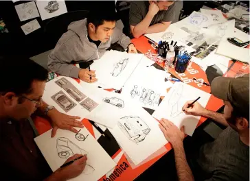  ??  ?? Top, right: A character sketching session during production on Pixar’s 2011 film Cars 2